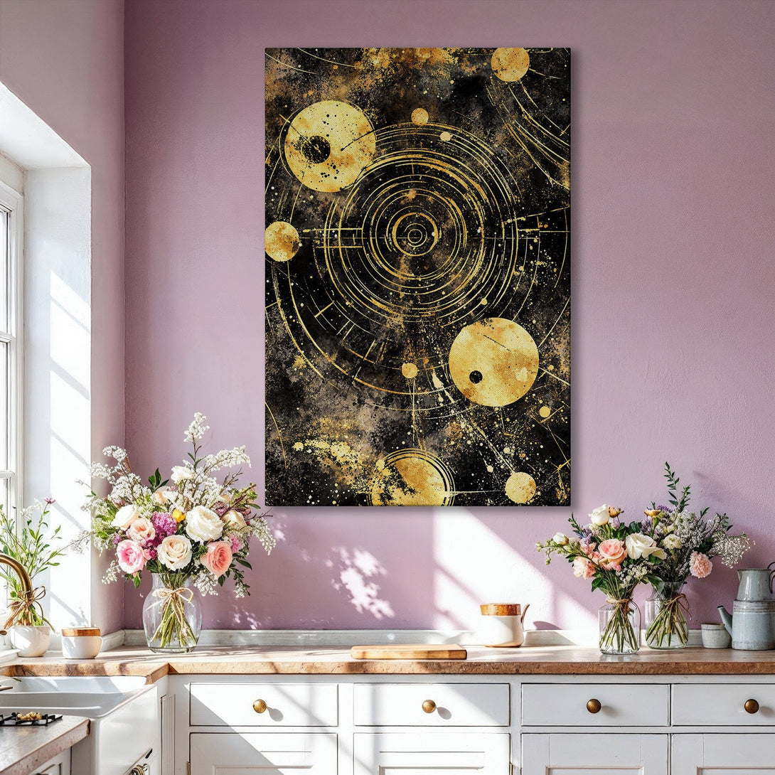 Framed Wall Art: Abstract gold and black celestial design canvas print. Modern art in a luxurious living room setting. Perfect home decor accent.