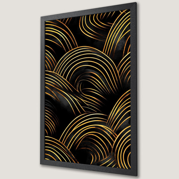Framed Poster with abstract gold lines on black background. Modern art print, perfect for home decor.