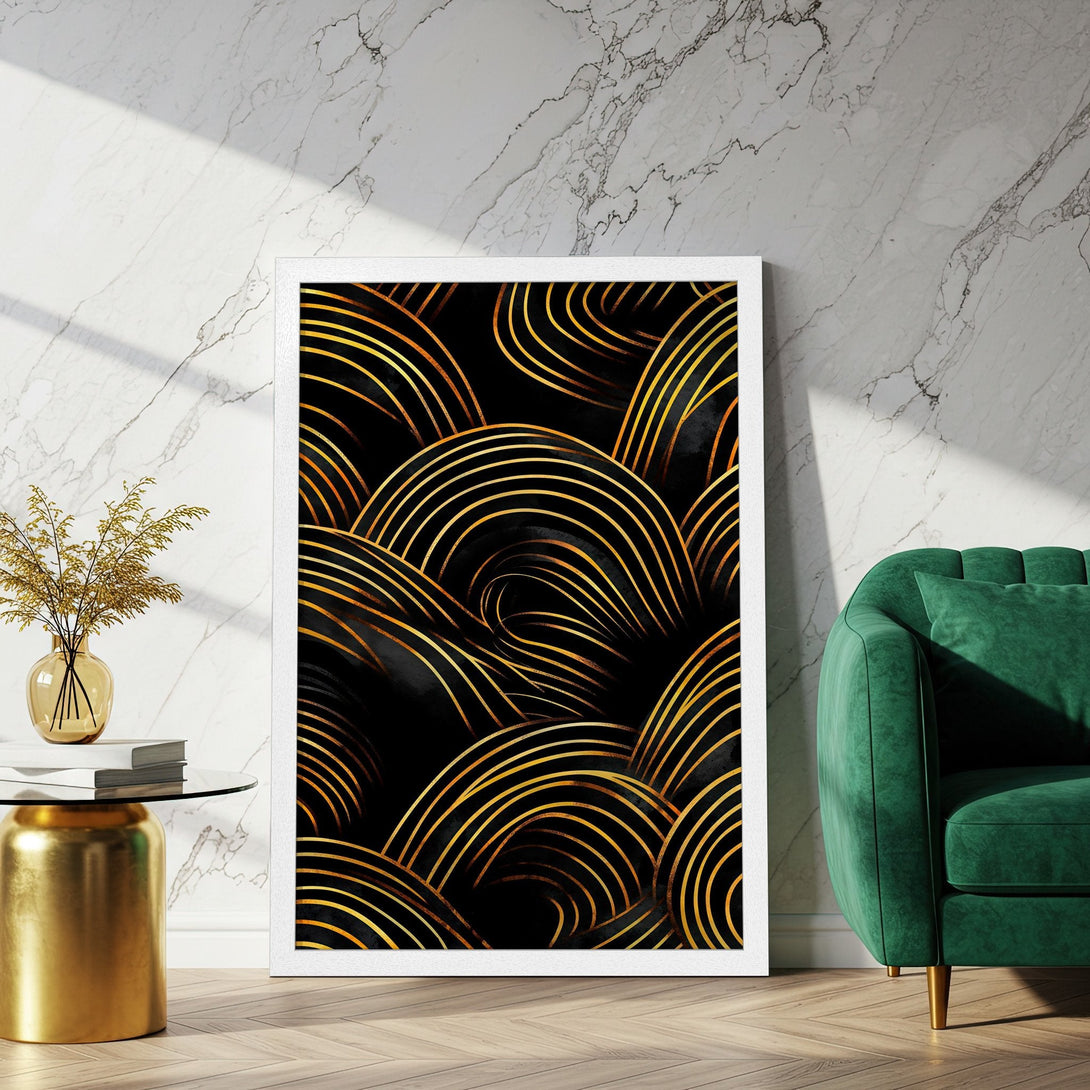 Framed Poster with abstract gold lines on black background. Modern art style, gold and black color palette. Elevate your space!
