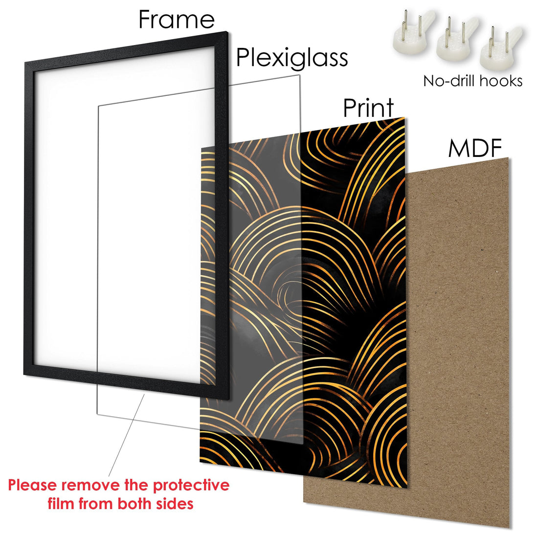Framed Poster with abstract gold and black design. Modern art print for stylish home decor.