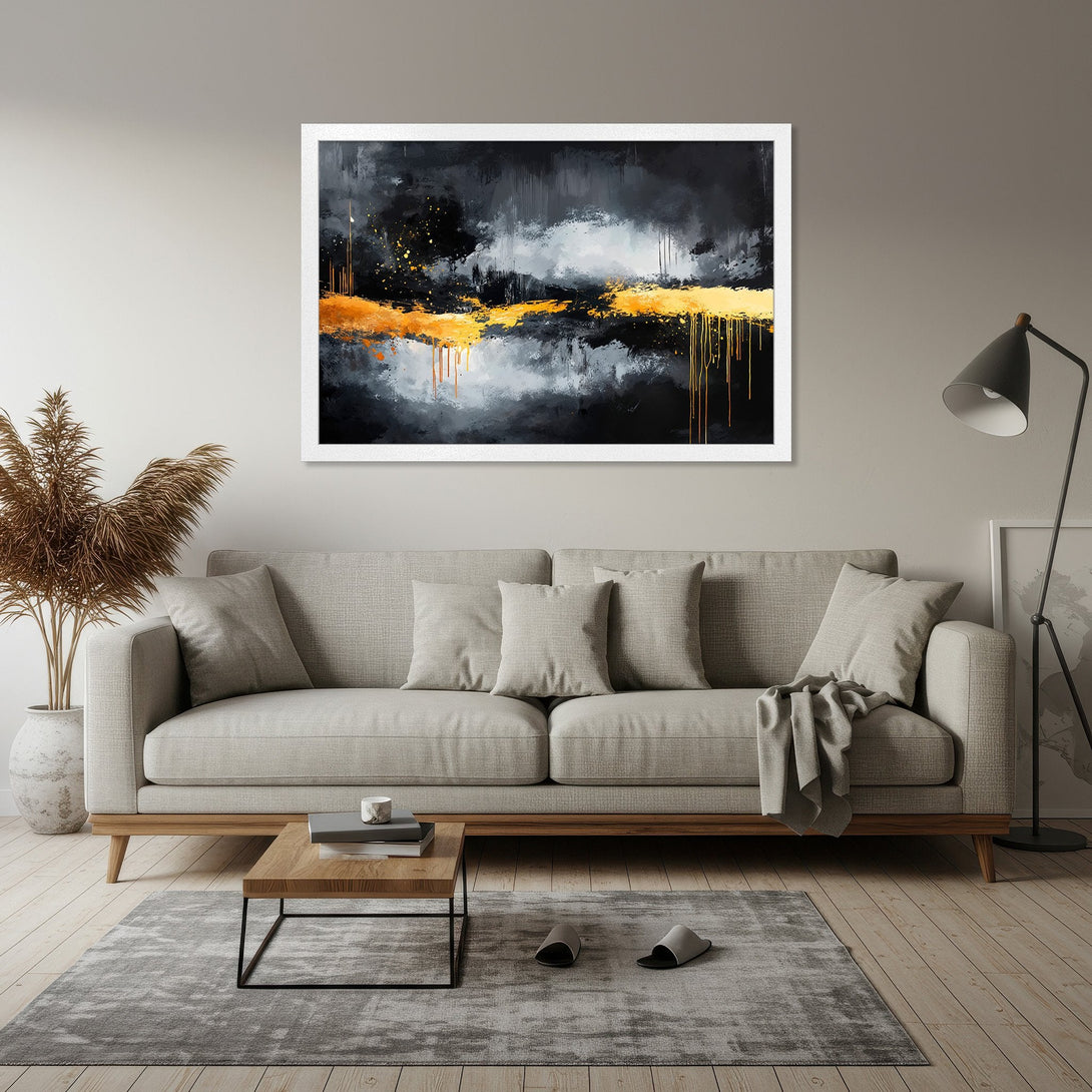 Framed Poster featuring abstract art in black, gray, and gold. Modern style, perfect for home decor. Add a touch of elegance!