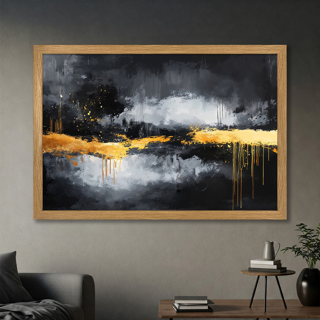 Framed Poster featuring abstract art in a modern style with a black, gray, and gold color palette. Perfect wall decor!