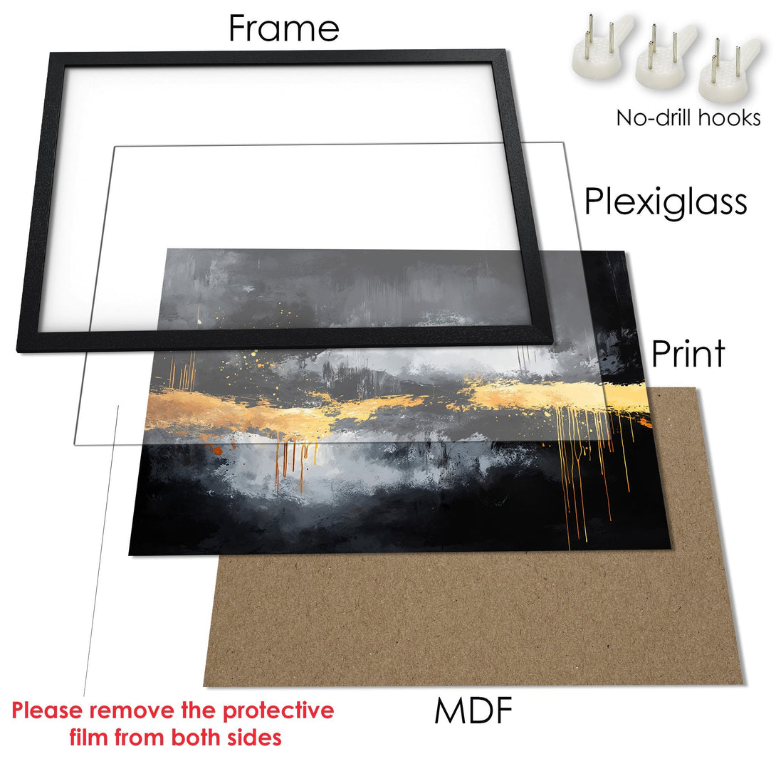 Framed Poster featuring abstract art in a modern style with a black, gray, and gold color palette. Perfect wall decor!