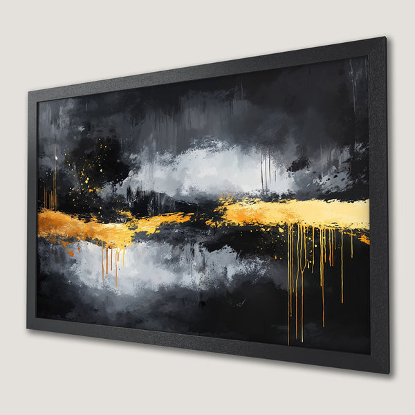 Framed Poster: Abstract art in black, white, and gold. Modern wall decor for a stylish home.