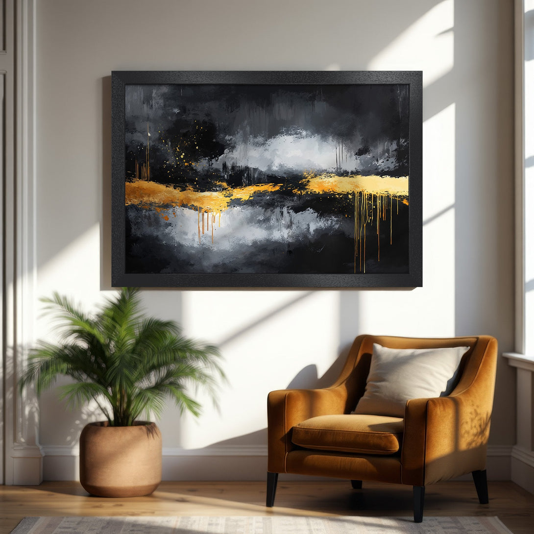 Framed Poster: Abstract art in black, gold, and gray. Modern style, perfect for home decor. Shop now!