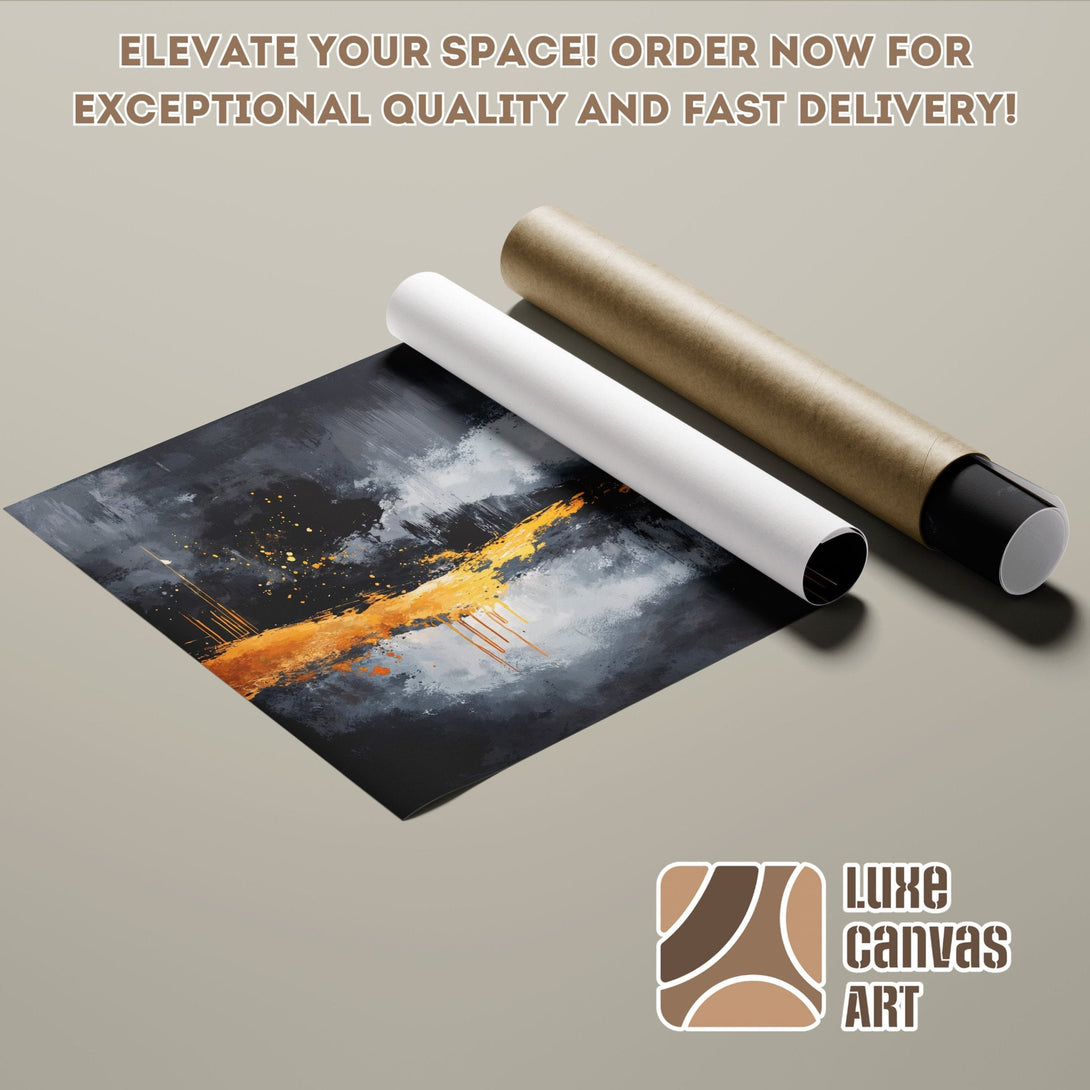 Abstract Poster Roll in black, gray, and orange. Elevate your space with Luxe Canvas Art!