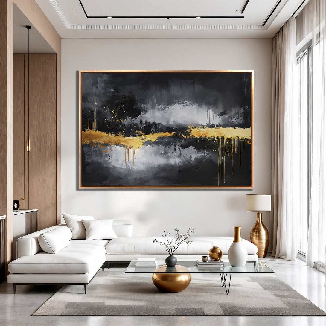 Modern abstract Canvas Print with a black, gray, and gold color palette. Adds a touch of luxury to any living room.