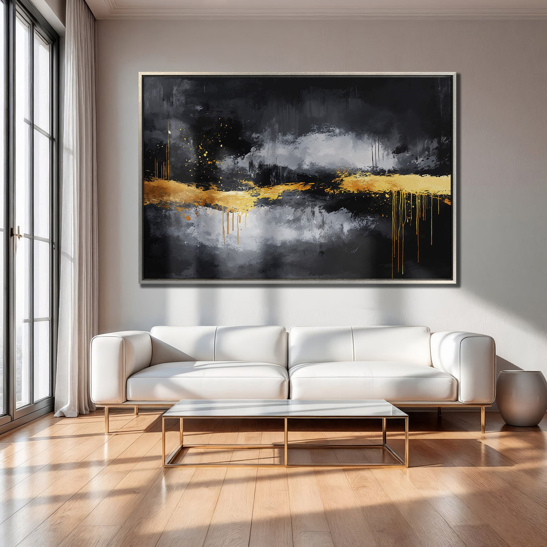 Framed Wall Art: Abstract black, gray, and gold painting. Modern art canvas print adds a touch of luxury to any interior. Shop now!