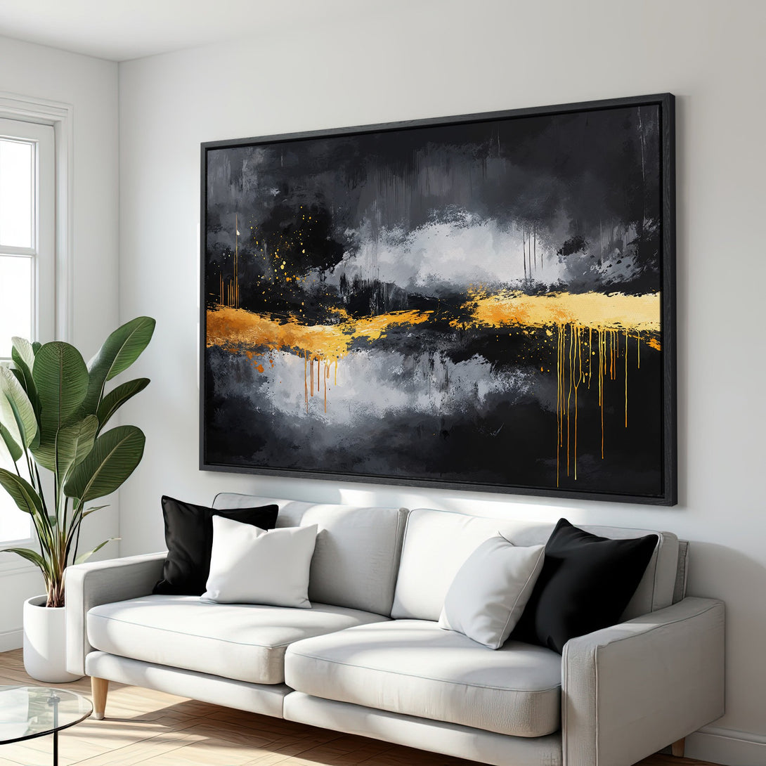 Framed Wall Art: Abstract black, gray, and gold painting. Modern art canvas print with a luxurious feel, perfect for living room decor.
