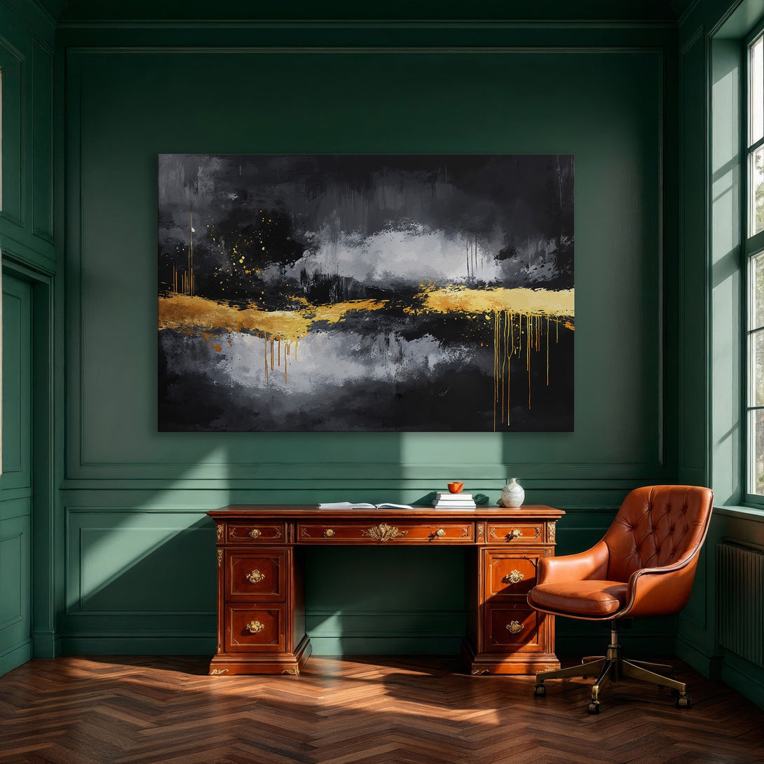 Framed Wall Art: Abstract canvas print in black, gold, and gray. Modern art for home decor, perfect for dining rooms.
