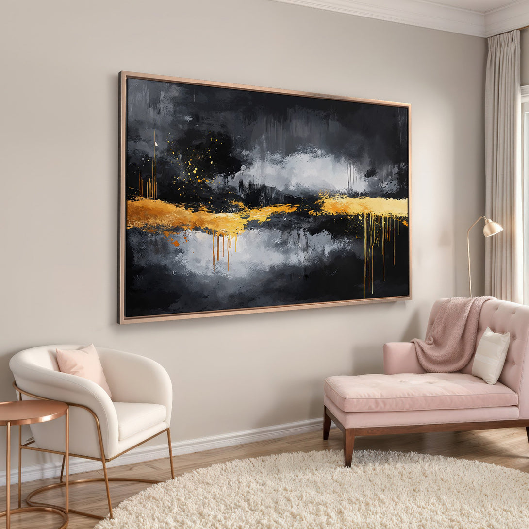 Framed Wall Art Canvas Print: Abstract painting in black, gold, and gray tones. Modern art for living room or bedroom decor.