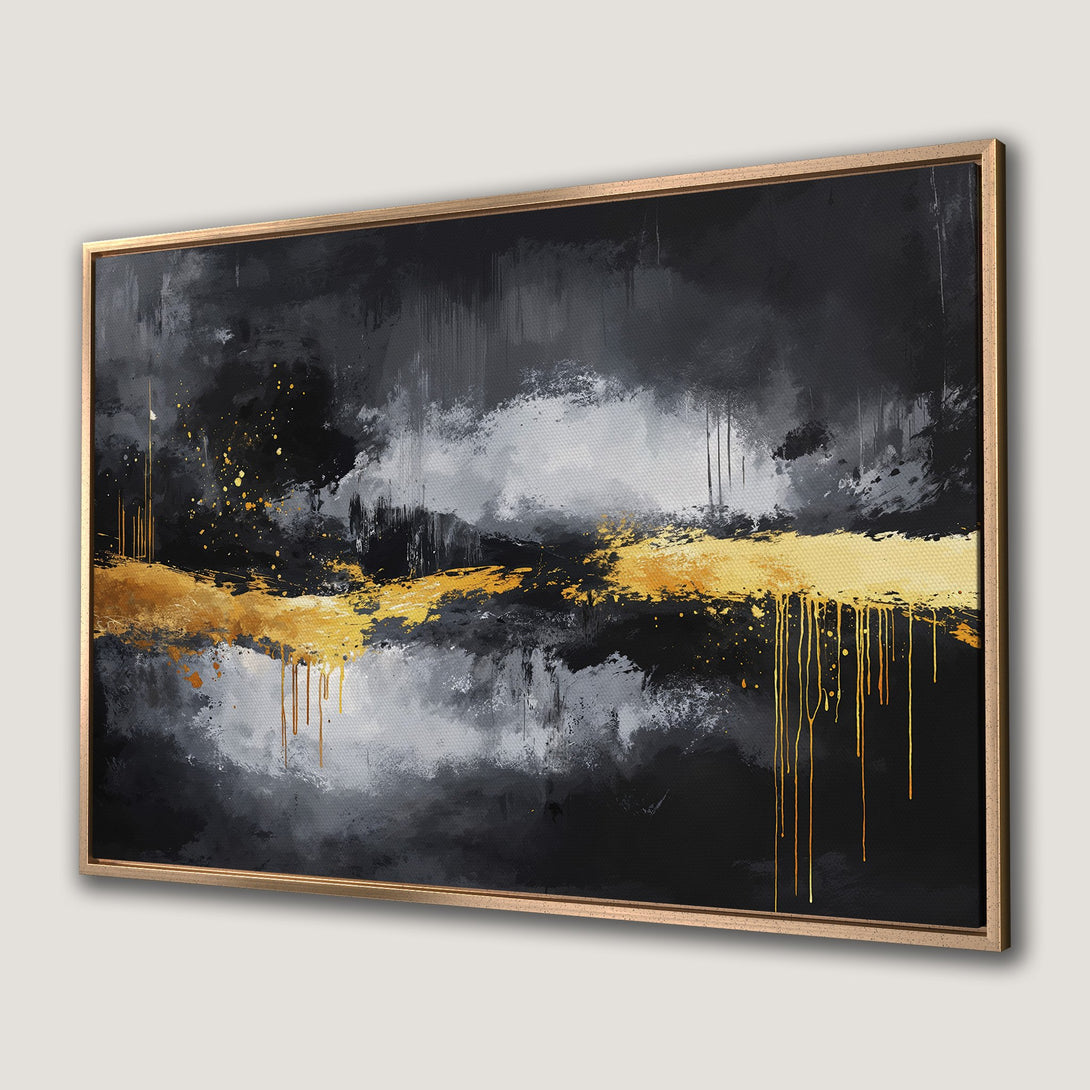 Framed Wall Art: Abstract canvas print with gold and black brushstrokes. Modern art for your home, featuring a dramatic, luxurious color palette.