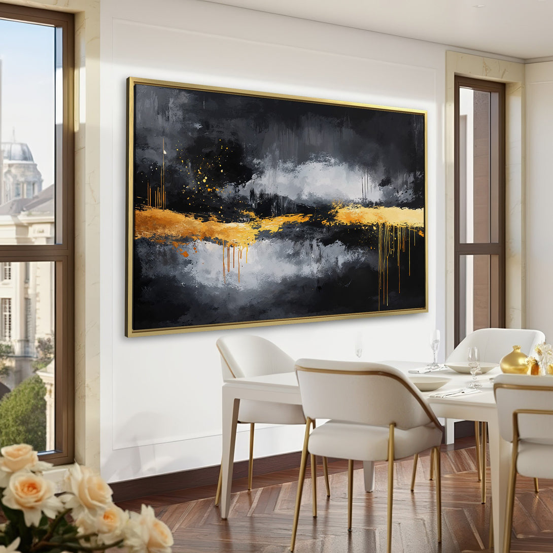Abstract Canvas Print in a luxurious interior. Features a black, grey, and gold color palette. Modern art for home decor.