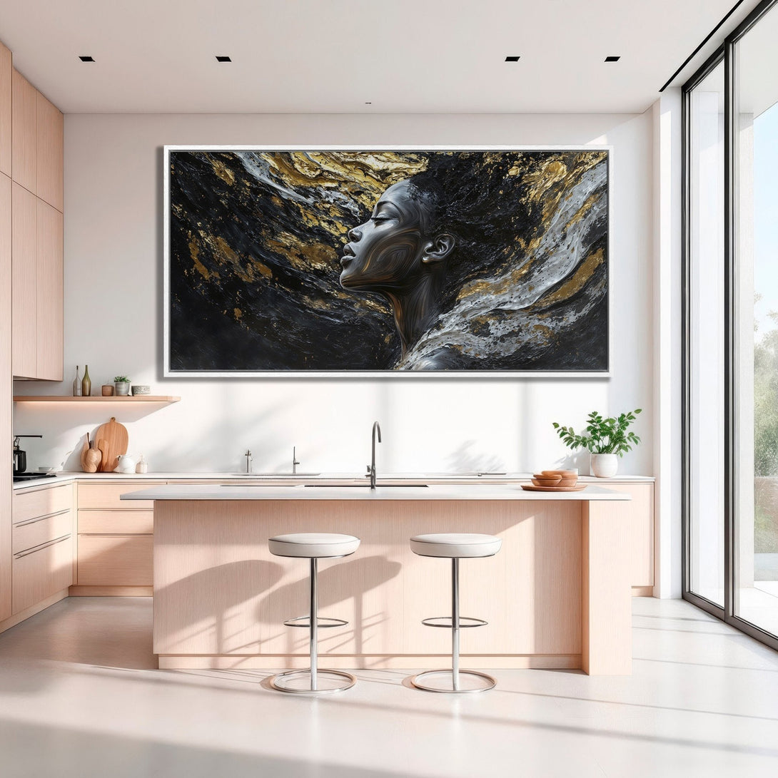 Framed Wall Art: Abstract portrait Canvas Print in black, gold, and white. Modern art for kitchen decor.
