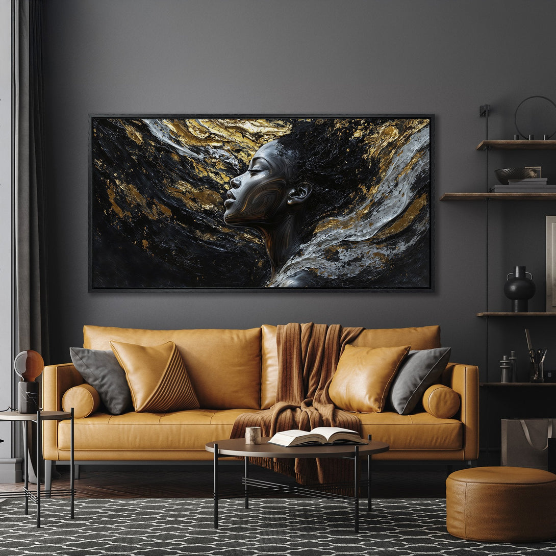Framed Wall Art: Abstract portrait in black, gold, and white. Modern art style, perfect for living room decor. Enhance your space with this stunning canvas print.