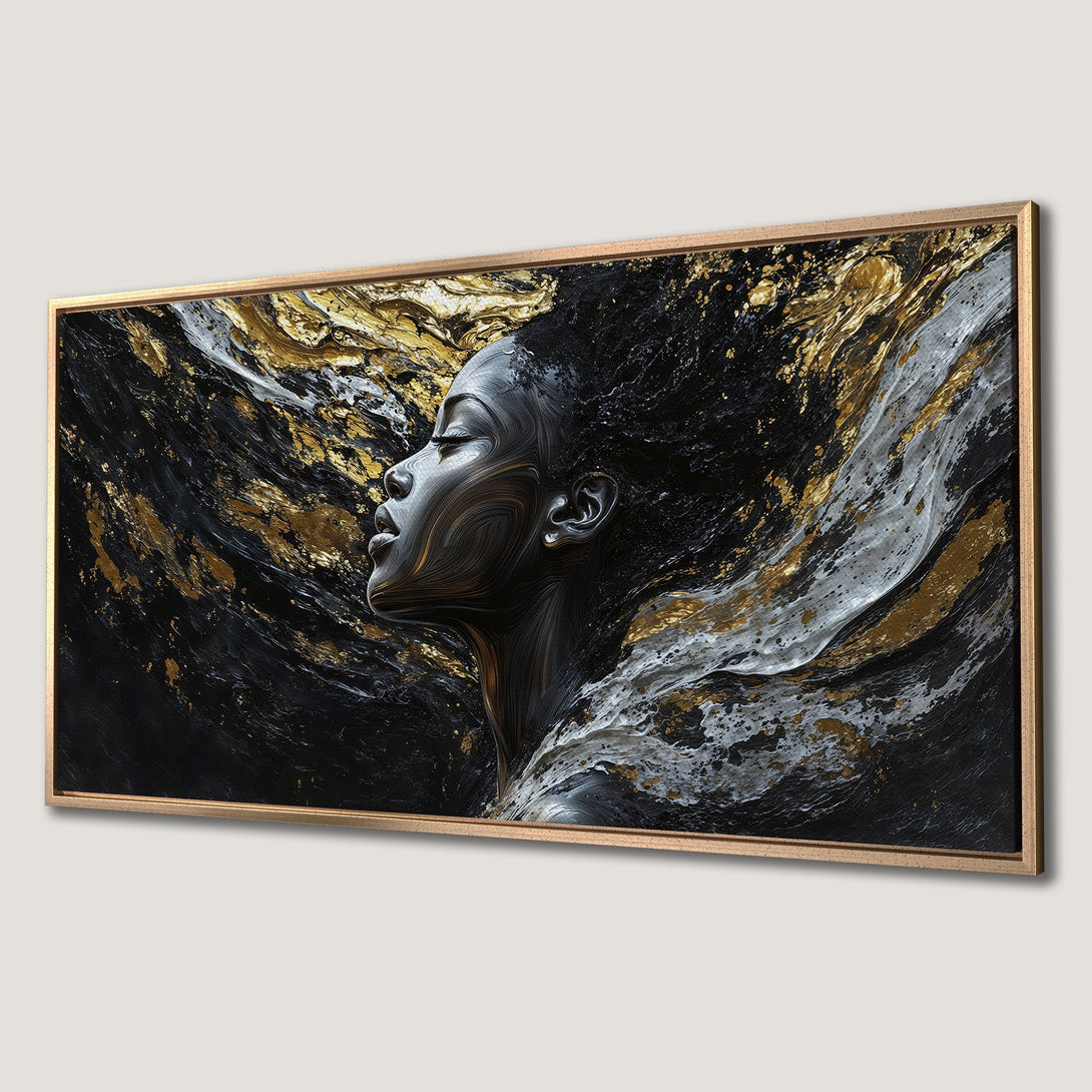 Framed Wall Art: Abstract portrait of a woman in black, gold, and white. Modern art Canvas Print for elegant home decor.