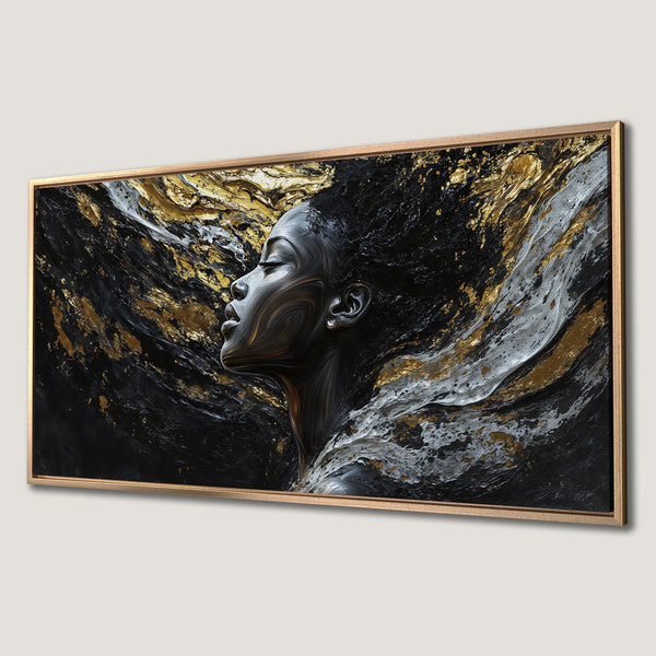 Framed Wall Art: Abstract portrait of a woman in black, gold, and white. Modern art Canvas Print for elegant home decor.
