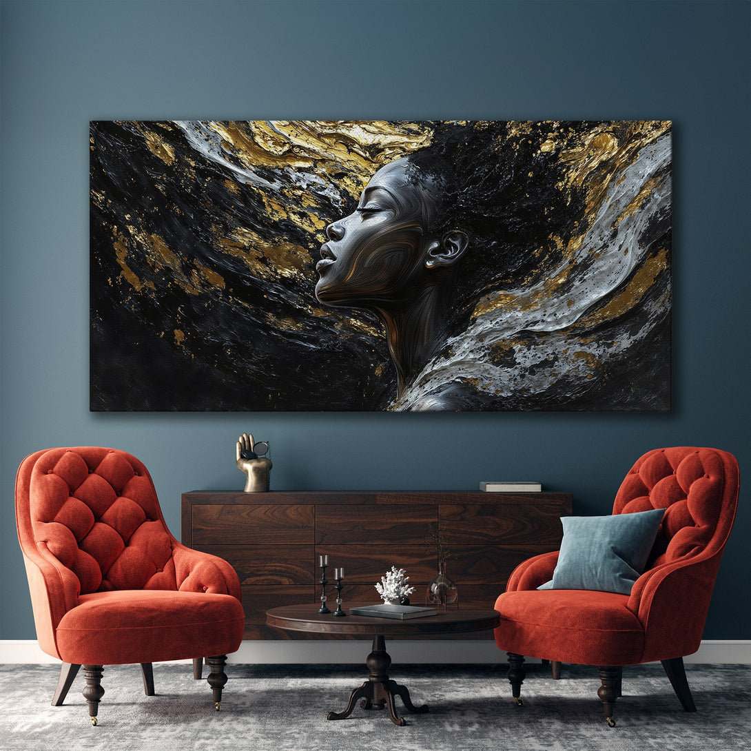 Framed Wall Art: Abstract portrait in black, gold, and gray. Modern art for your home. Elevate your space with this stunning canvas print.