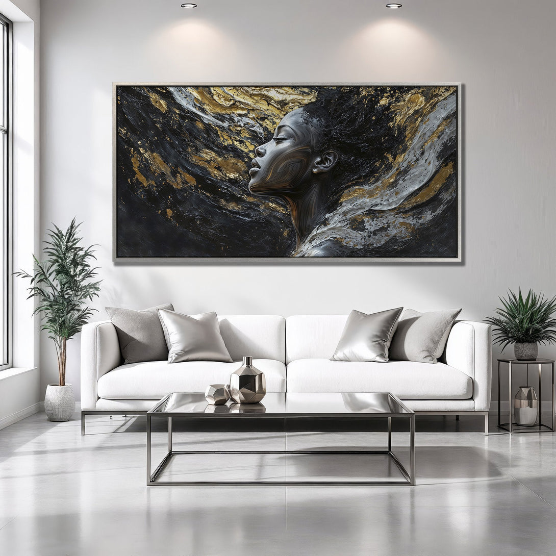 Framed Wall Art of a woman in profile, abstract style with black, gold, and gray tones. Modern art for your home.