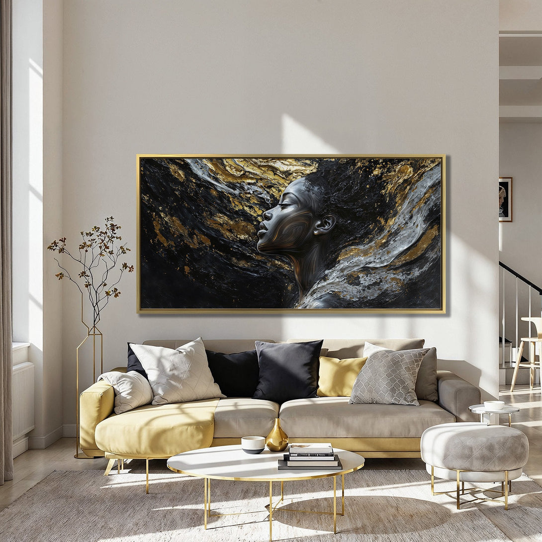 Canvas Print of a woman's profile with abstract gold and black art. Modern wall art in a luxurious interior with a dark color palette.