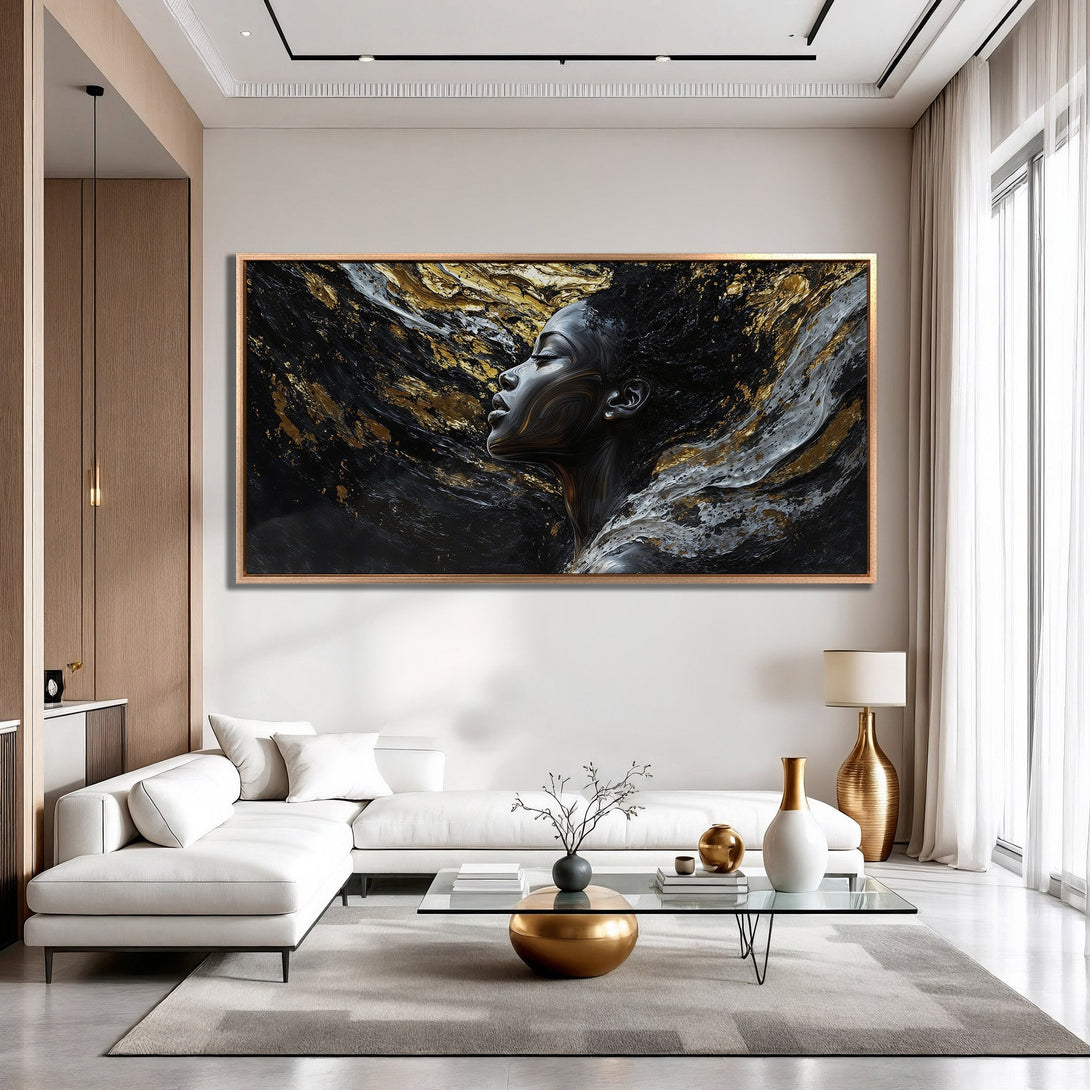 Framed Wall Art featuring a woman's profile with abstract gold and black details. Modern, luxurious style with a neutral and gold color palette. Perfect for any interior.