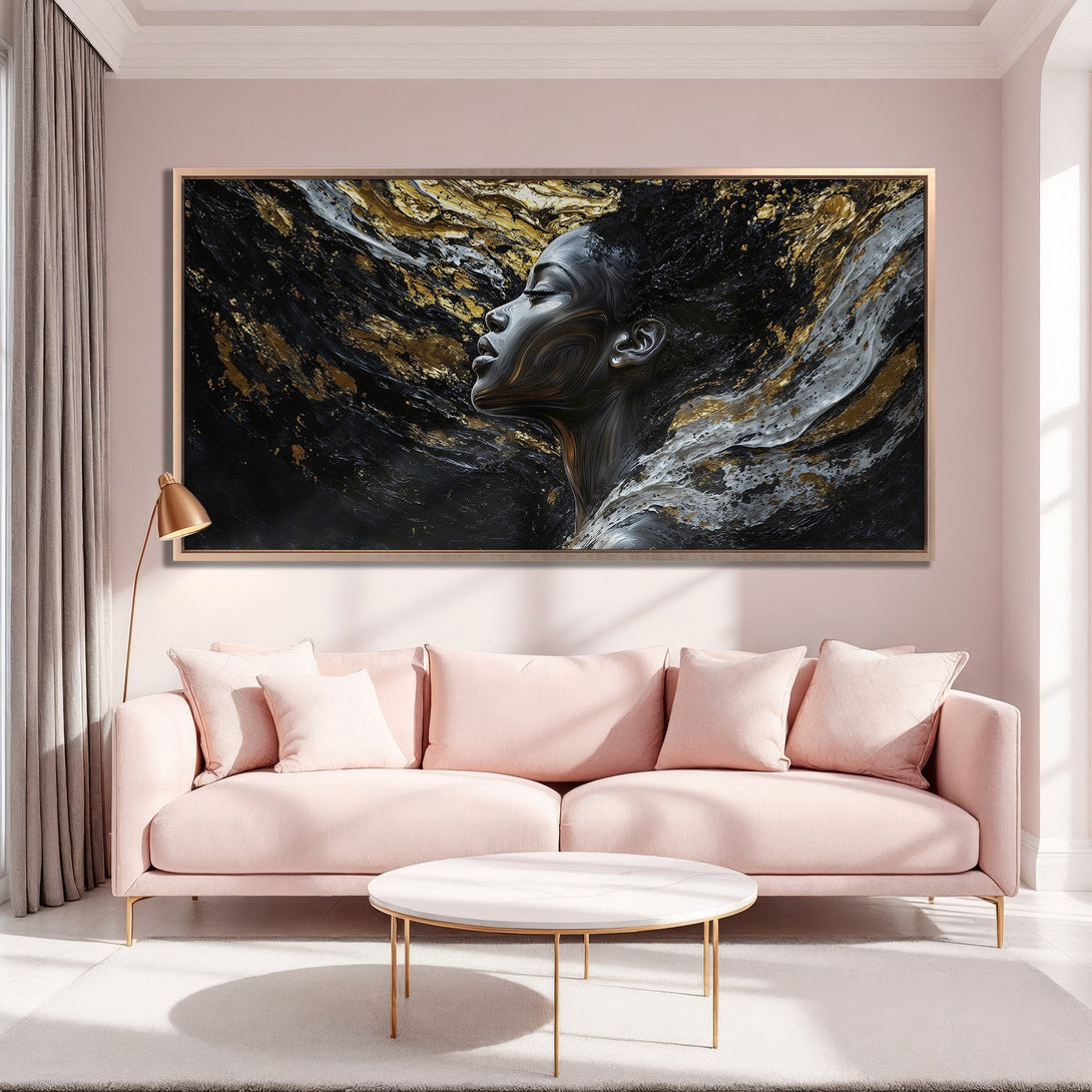 Framed Wall Art: Abstract portrait in black, gold, and white. Modern art canvas print adds elegance to any space. Shop now!