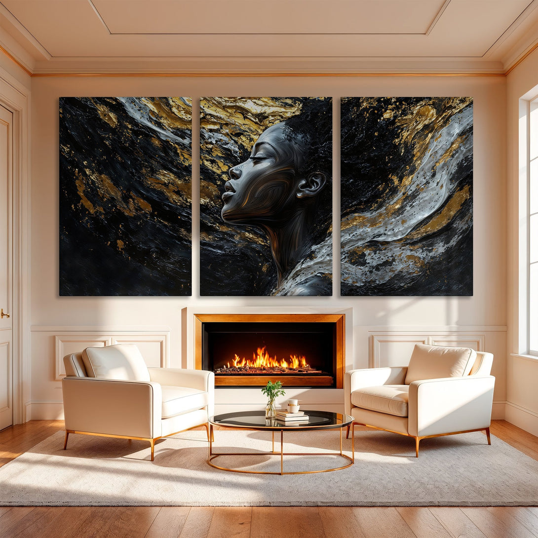 Canvas Print: Abstract portrait in black, gold, and white. Modern art for a luxurious interior.