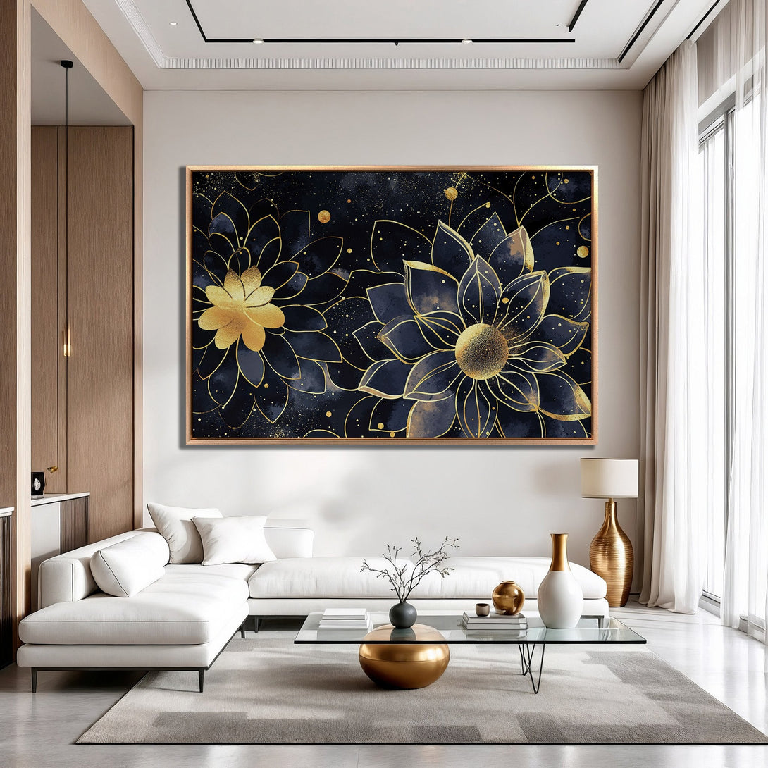 Framed Wall Art: Elegant floral design in gold and navy blue, perfect for modern interiors. Add a touch of luxury to your space!