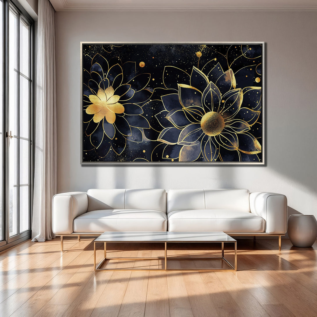 Framed Wall Art featuring gold floral design on a dark blue background. Modern, elegant Canvas Print with gold accents. Perfect for living room decor.