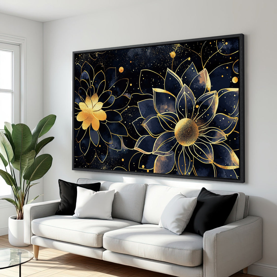 Framed Wall Art: Abstract floral Canvas Print in navy and gold, adding elegance to any space. Modern decor with a touch of luxury.