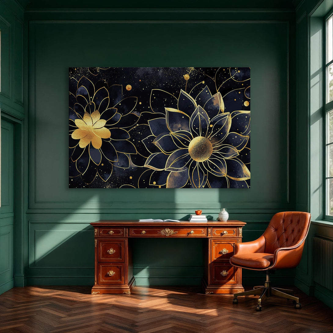 Framed Wall Art featuring elegant gold floral design on a navy background. Modern art print perfect for adding a touch of luxury to any space.