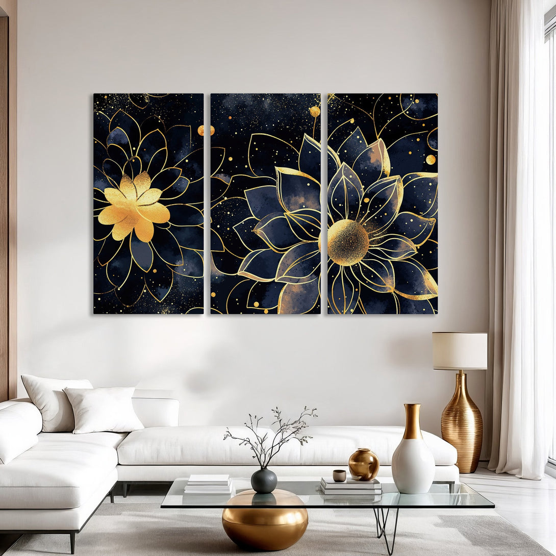 Canvas Print of elegant floral art in navy blue and gold, perfect for modern home decor.