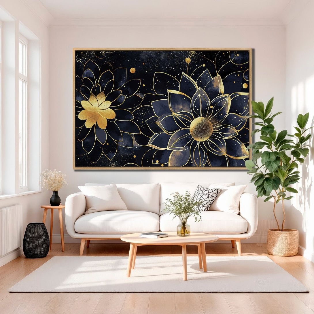 Framed Wall Art featuring elegant gold floral design on a dark blue background. Modern Canvas Print adds a touch of luxury to any living room.