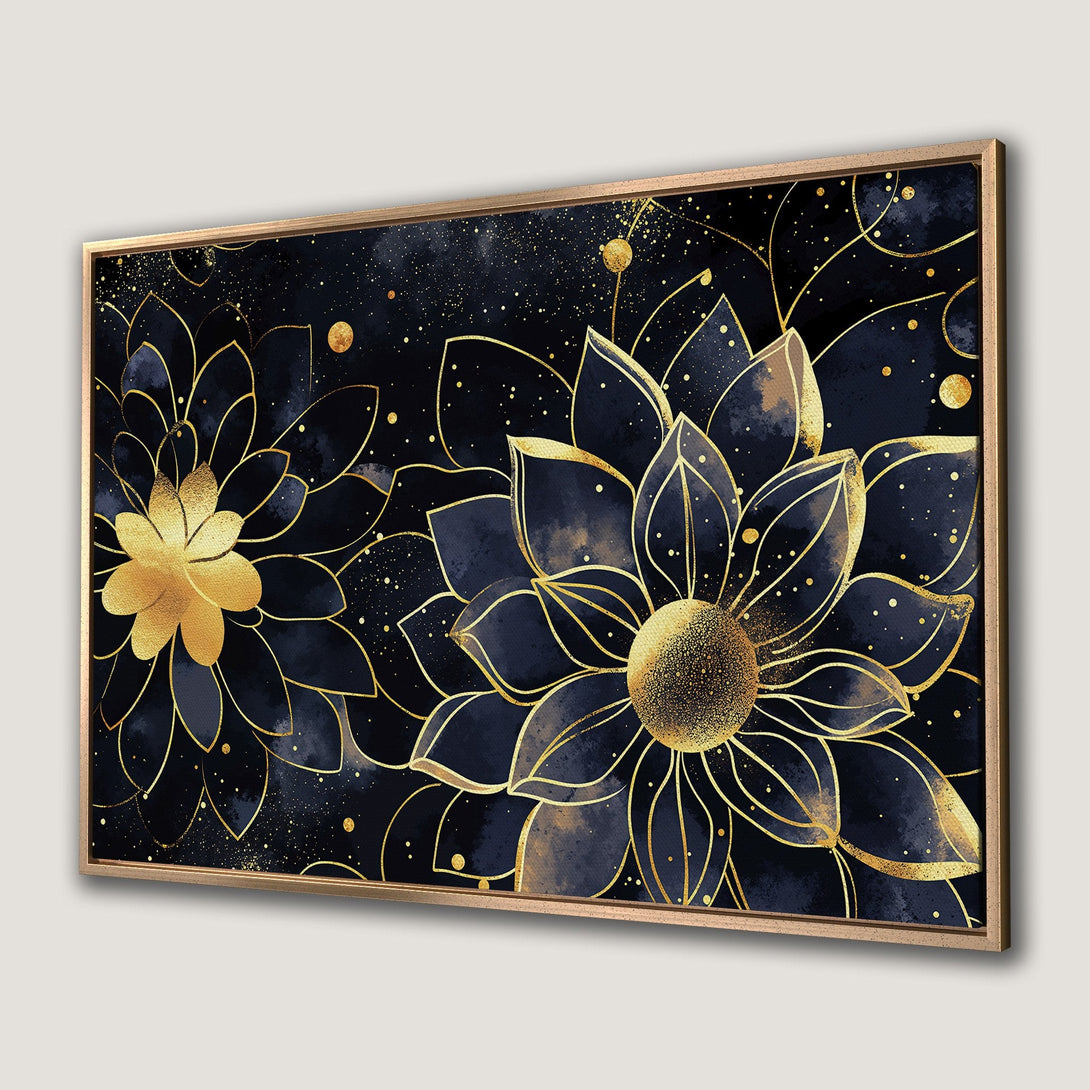 Framed Wall Art featuring elegant gold floral design on a dark blue watercolor background. Perfect for adding a touch of luxury to your home decor.