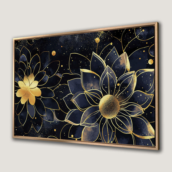 Framed Wall Art featuring elegant gold floral design on a dark blue watercolor background. Perfect for adding a touch of luxury to your home decor.
