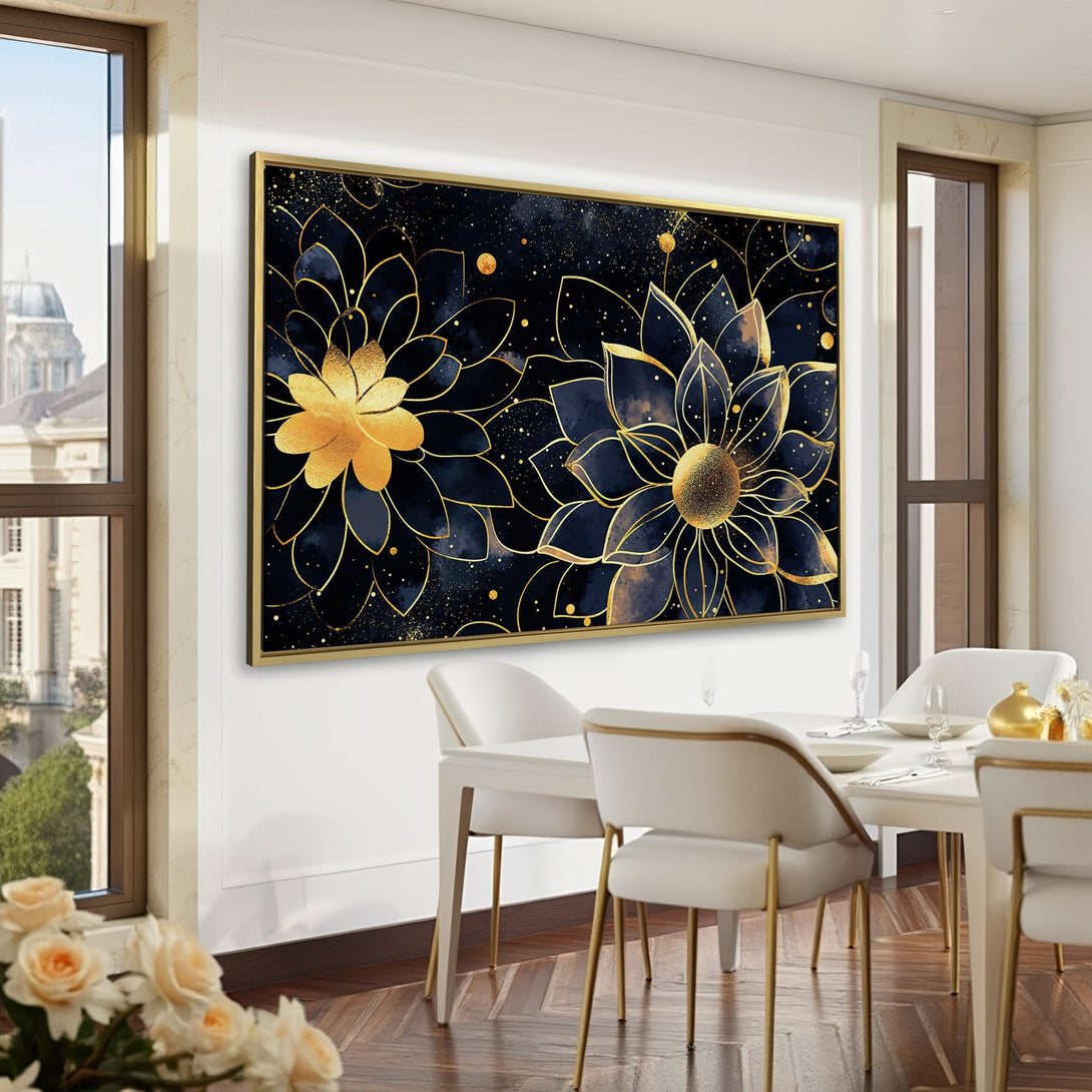 Canvas Print featuring a stunning floral design in gold and navy blue, perfect for adding a touch of elegance to any room.