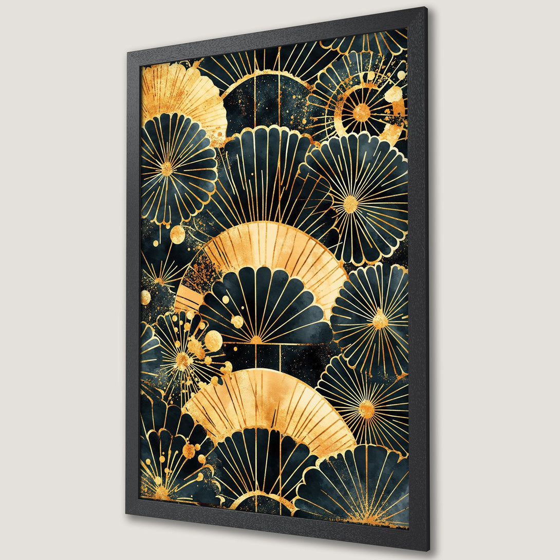 Framed Poster featuring a gold and navy abstract floral design, perfect for modern home decor.