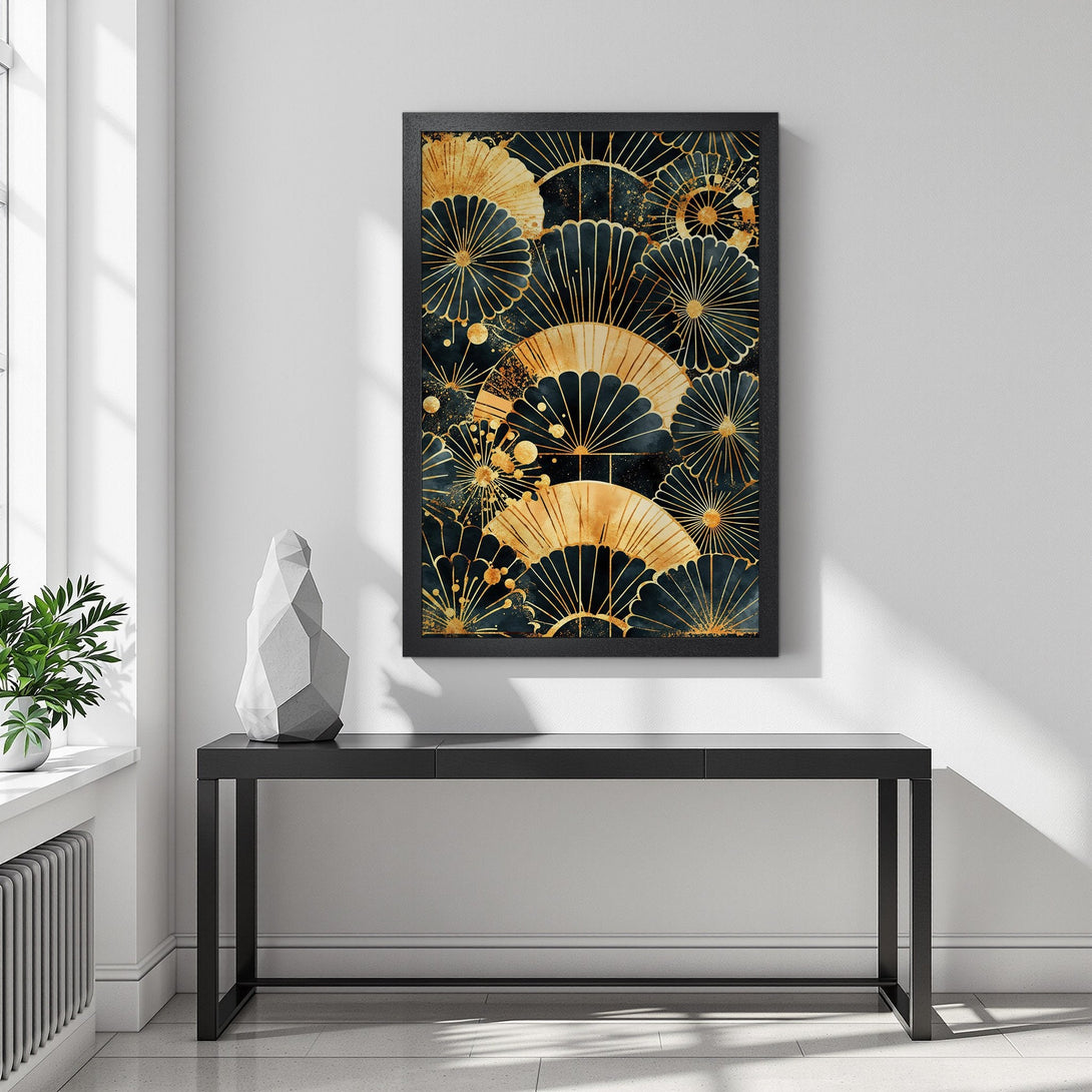 Framed Poster featuring an abstract art deco design in navy and gold. Perfect wall art for a modern home.