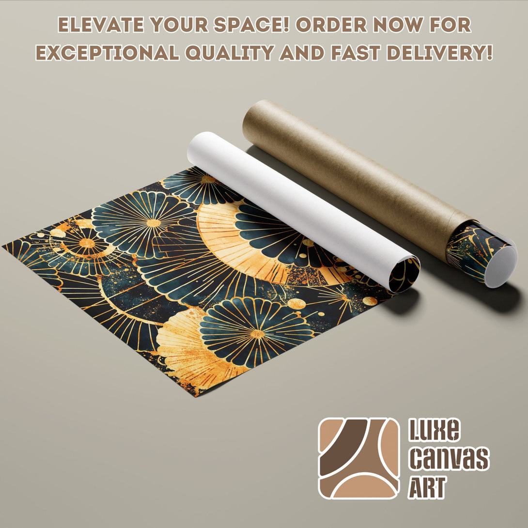 Abstract floral Poster Roll in teal, gold, and black. Elevate your space!