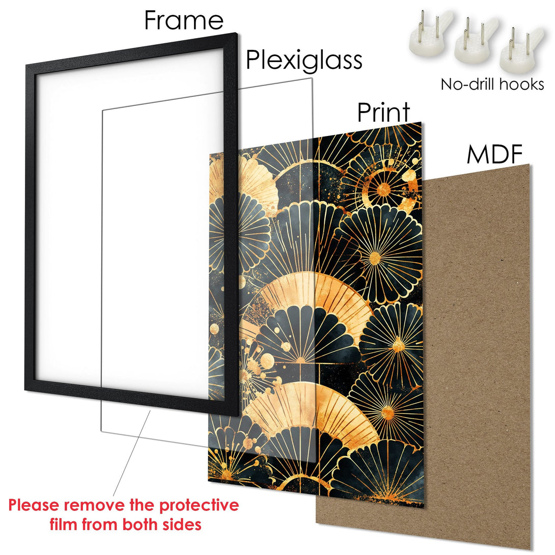 Framed Poster featuring a black and gold floral design. Modern art print with dark, elegant color palette. Ready to hang.
