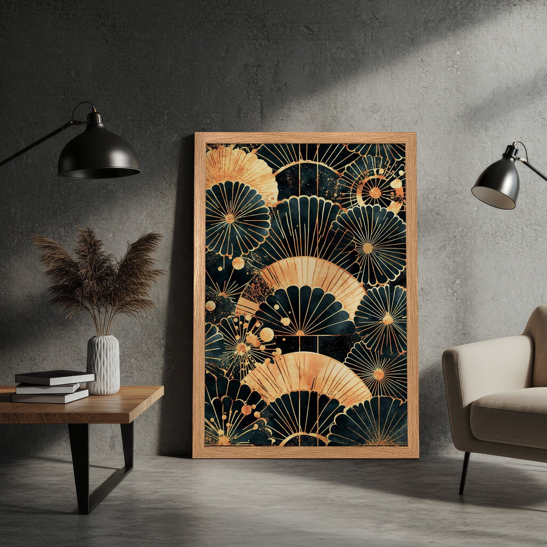 Framed Poster featuring an abstract fan design in navy, gold, and beige. Modern art print for home decor.