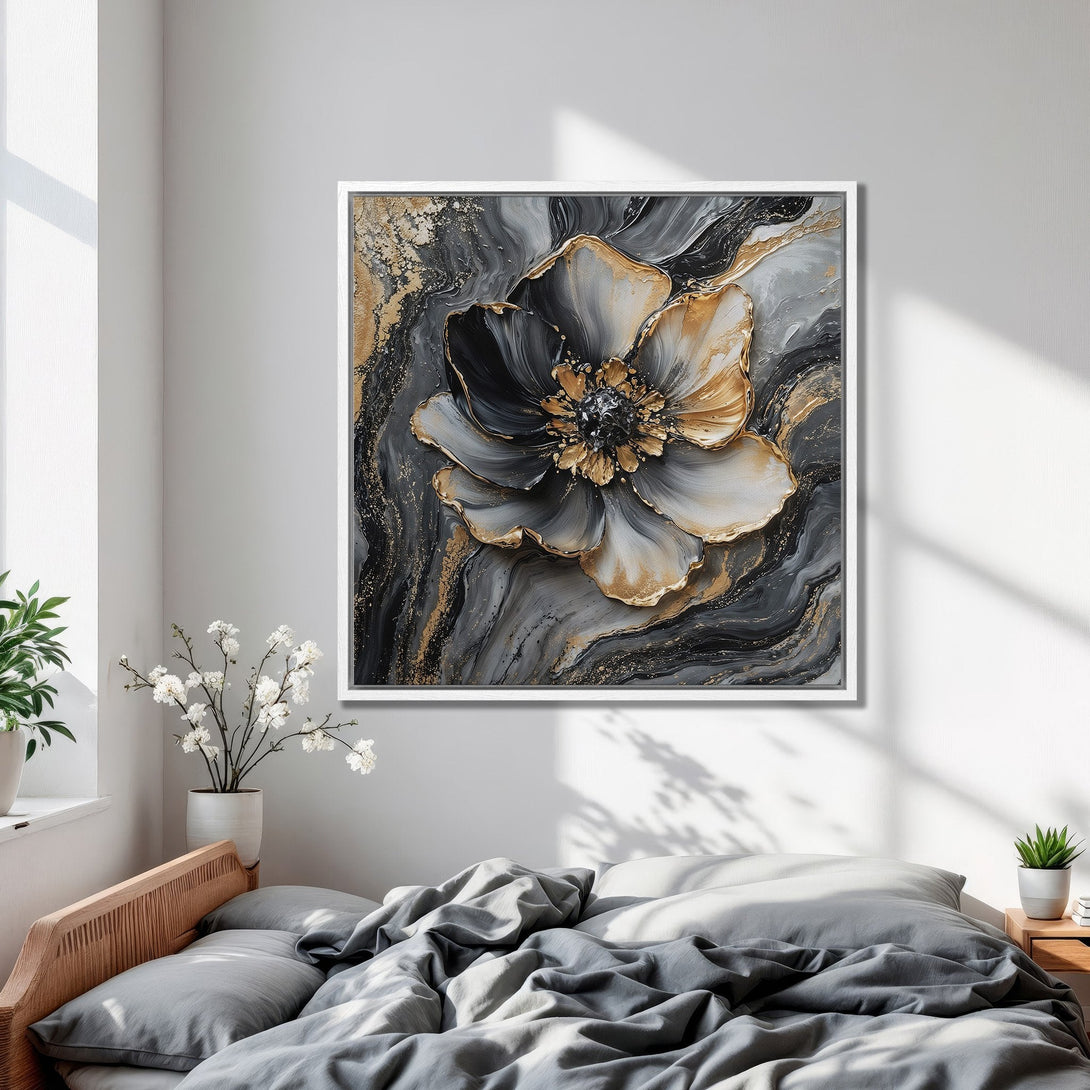 Framed Wall Art: Abstract floral Canvas Print in gray, black, and gold. Modern art perfect for bedroom decor and adding a touch of elegance.