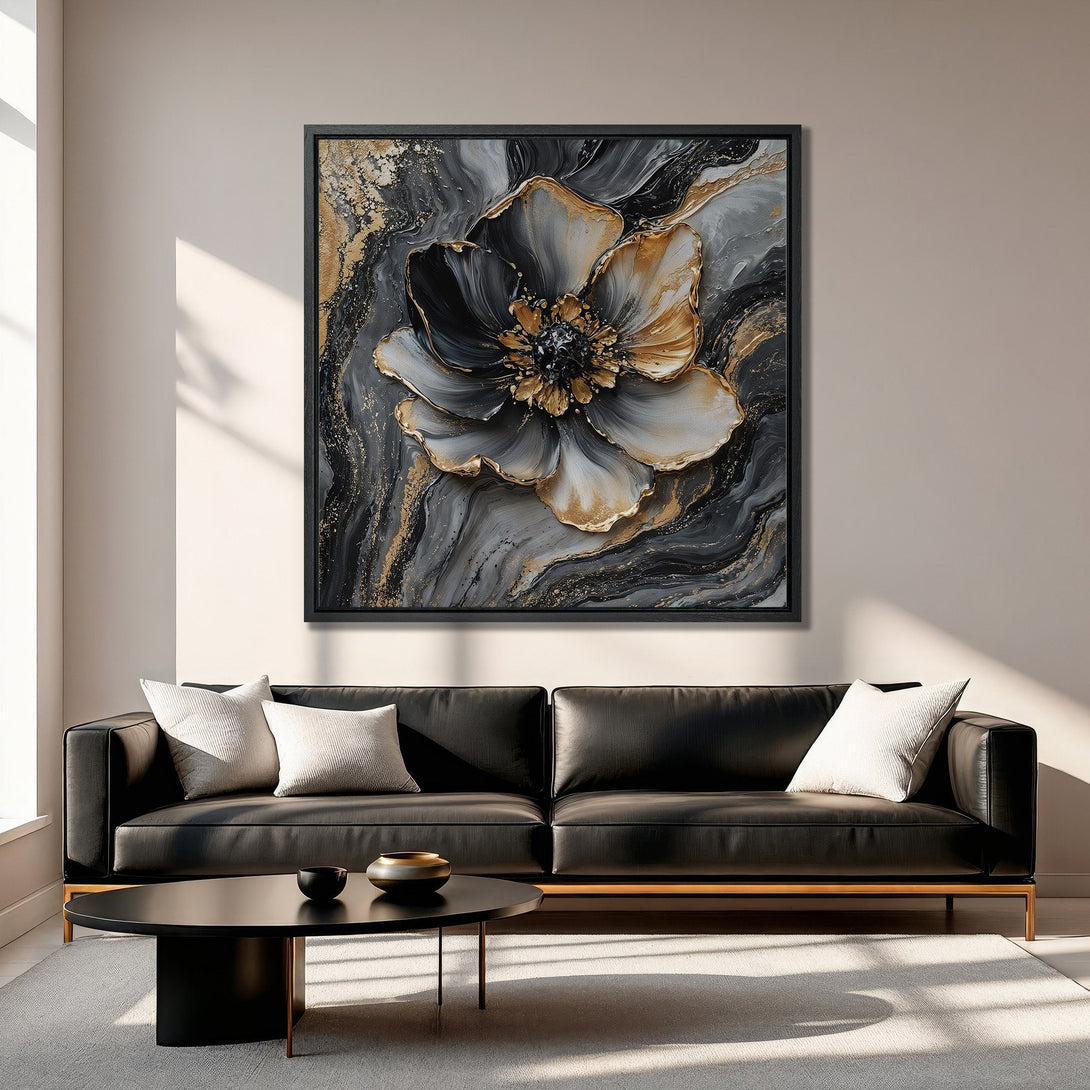 Framed Wall Art: Abstract floral Canvas Print in black, gold, and gray, perfect for modern home decor. Add elegance to your living room!
