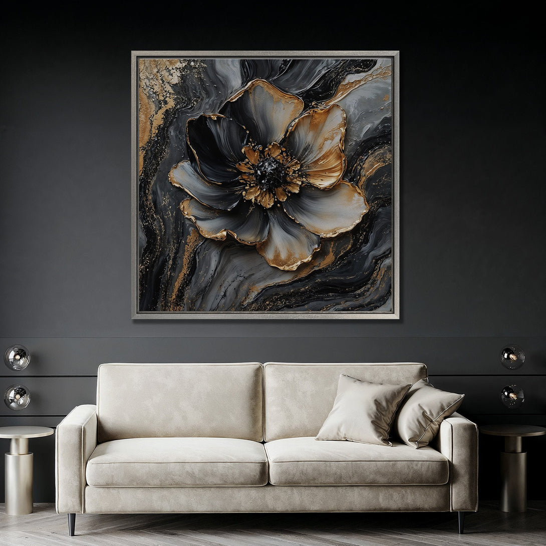 Framed Wall Art: Abstract floral design in black, gold, and gray. Modern canvas print adds luxury and style to any space. Shop now!