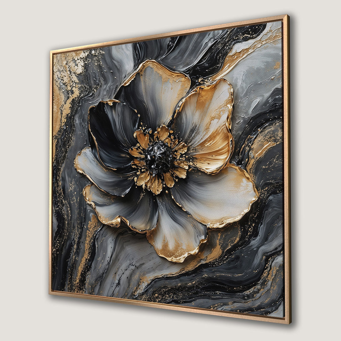 Framed Wall Art: Abstract flower canvas print in gold, black, and gray. Modern art for a stylish home. Shop now!