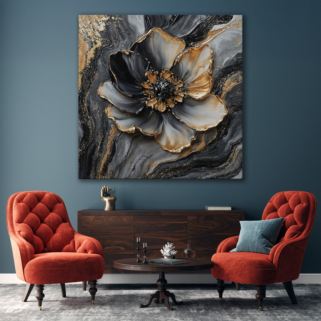 Framed Wall Art: Abstract floral design in gold, black, and gray. Modern canvas print adds elegance to any interior. Shop now for stunning wall decor!