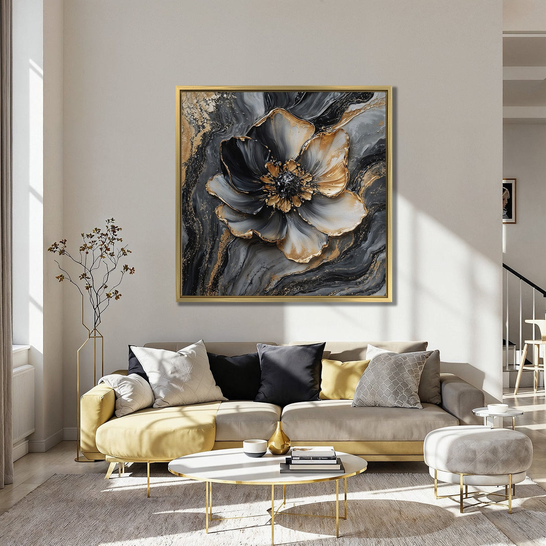 Canvas Print featuring a stunning abstract floral design in gold, black, and gray tones. Modern wall art for a stylish interior.
