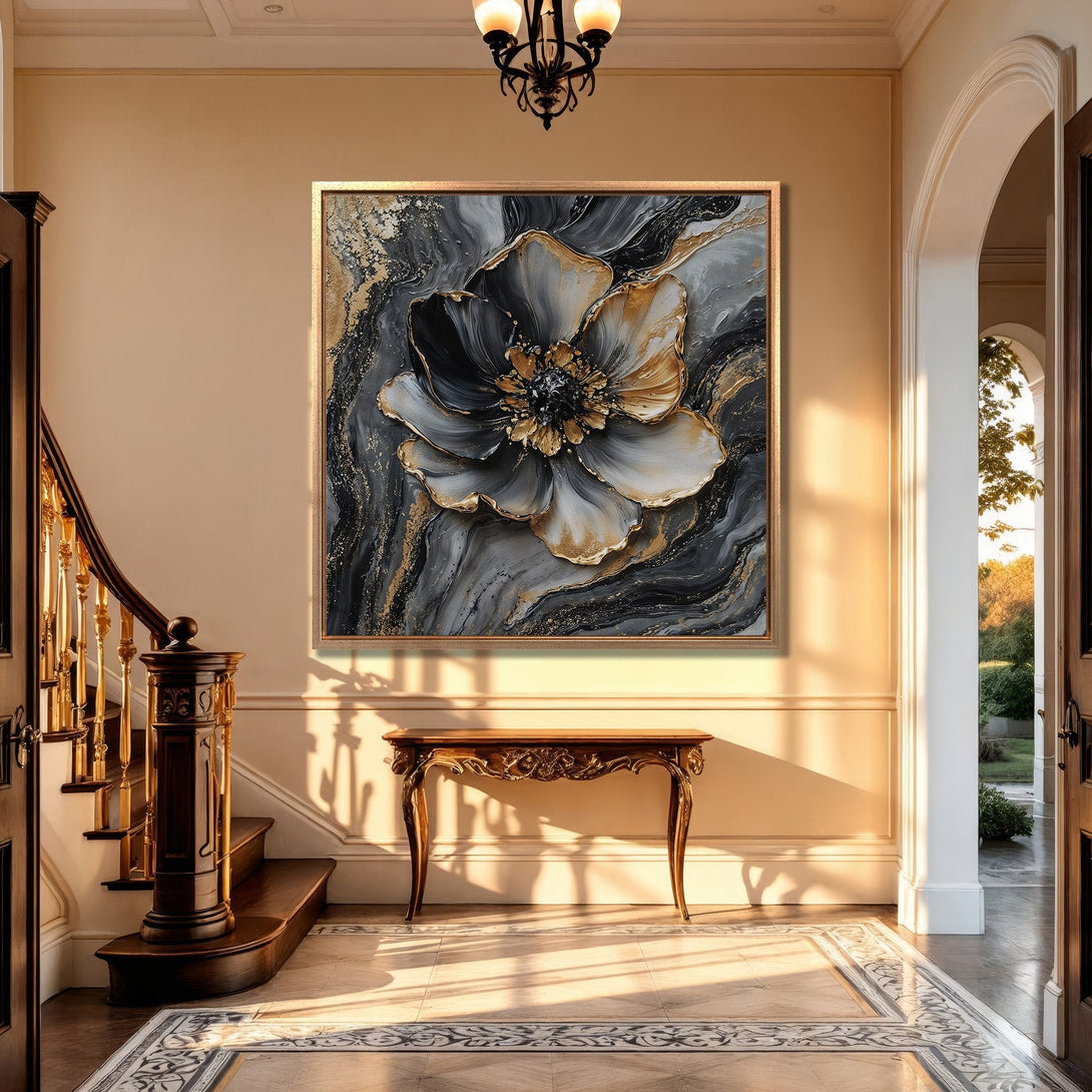 Framed Wall Art: Abstract floral canvas print in black, gold, and gray. Modern art for luxury home decor. Enhance your space with this statement piece.