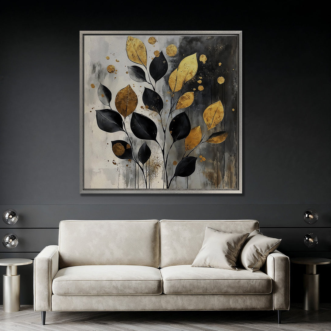 Framed Wall Art: Abstract botanical print with gold and black leaves. Modern art canvas print for living room decor. Neutral color palette.