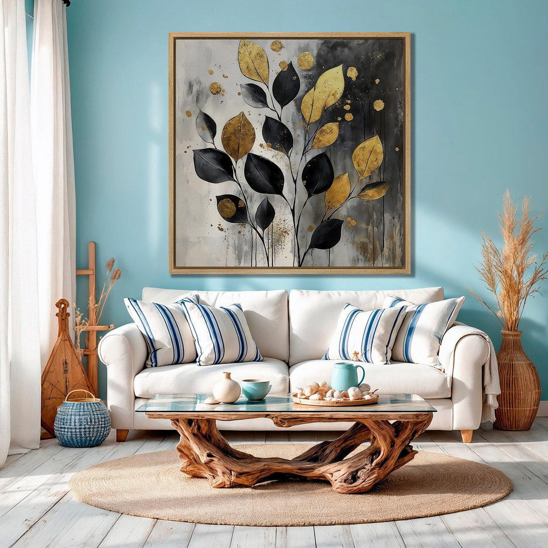 Framed Wall Art featuring abstract gold and black leaves. Modern art canvas print adds a touch of elegance to any home decor. Neutral color palette.